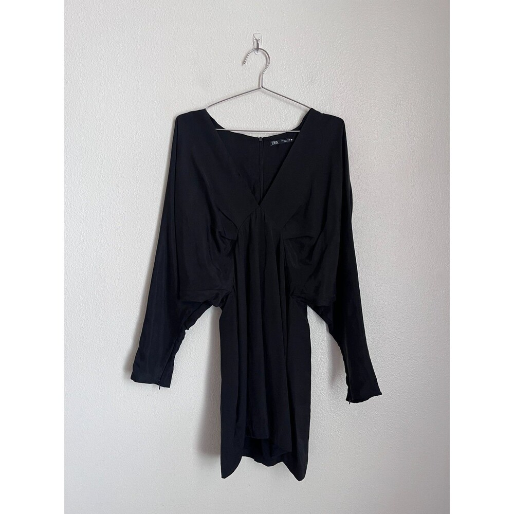 Zara Lyocell Plunge V-Neck Mini Dress in Black Size LARGE